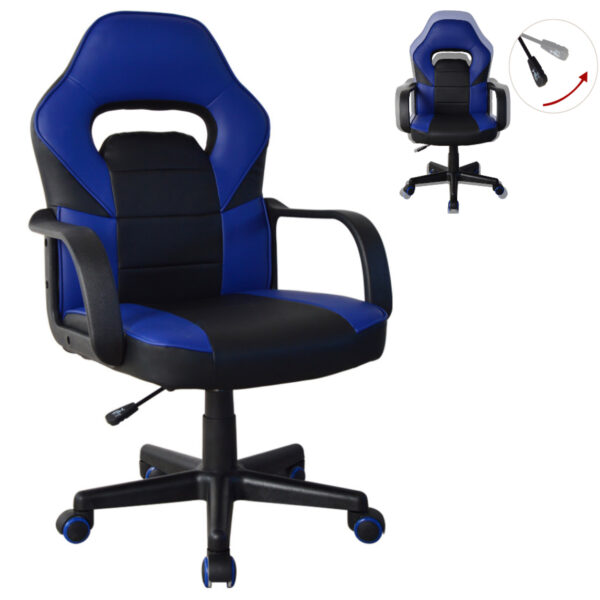 Silla de juego Thomas junior, estilo carreras, altura ajustable, negro y azul. - VDD World ES