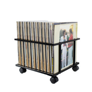 Caja con ruedas para almacenar discos de vinilo LP.