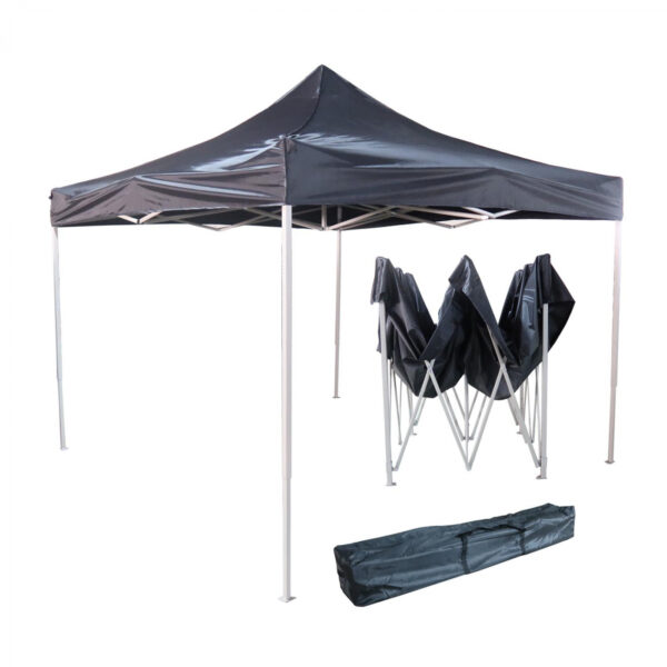 Carpa plegable 3x3, estructura acordeón, tela Oxford 420D negra con recubrimiento PVC. - VDD World ES