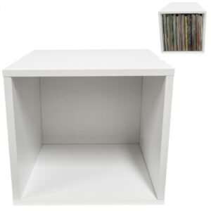 Cubo blanco para almacenar discos de vinilo LP y estantería organizadora.