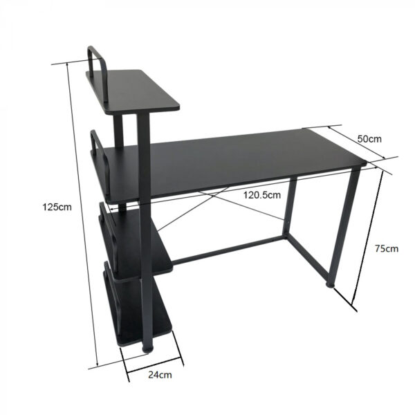 Escritorio mesa de computadora-3 estantes de almacenamiento-metal madera-negro-120 cm de ancho - VDD World ES