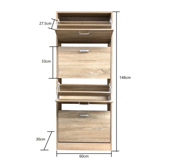 Zapatero - estante para zapatos - 4 compartimentos con puertas abatibles - marrón claro blanqueado - VDD World ES