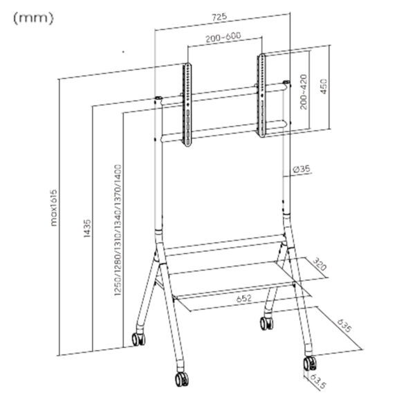 Soporte de TV con ruedas, para pantallas de 37-86", altura ajustable de 125-140 cm. - VDD World ES